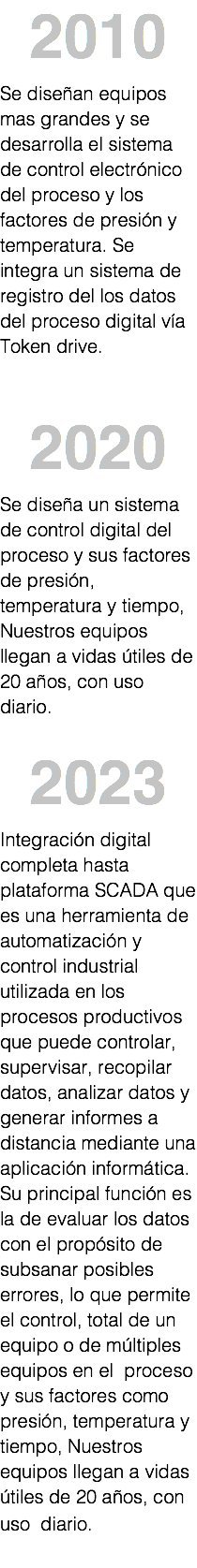 2010 Se diseñan equipos mas grandes y se desarrolla el sistema de control electrónico del proceso y los factores de presión y temperatura. Se integra un sistema de registro del los datos del proceso digital vía Token drive. 2020 Se diseña un sistema de control digital del proceso y sus factores de presión, temperatura y tiempo, Nuestros equipos llegan a vidas útiles de 20 años, con uso diario. 2023 Integración digital completa hasta plataforma SCADA que es una herramienta de automatización y control industrial utilizada en los procesos productivos que puede controlar, supervisar, recopilar datos, analizar datos y generar informes a distancia mediante una aplicación informática. Su principal función es la de evaluar los datos con el propósito de subsanar posibles errores, lo que permite el control, total de un equipo o de múltiples equipos en el proceso y sus factores como presión, temperatura y tiempo, Nuestros equipos llegan a vidas útiles de 20 años, con uso diario. 